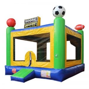 Perspective view of a yellow green and blue Sports bounce house.