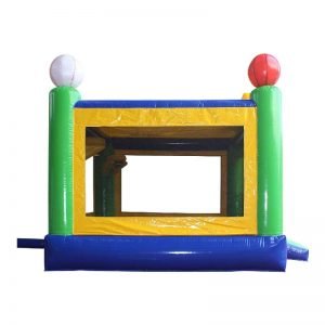 Side view of a yellow green and blue Sports bounce house.