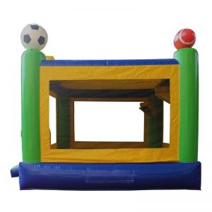Side view of a yellow green and blue Sports bounce house.