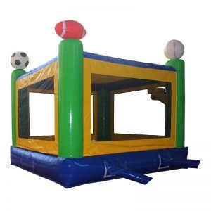 Rear view of a yellow green and blue Sports bounce house.