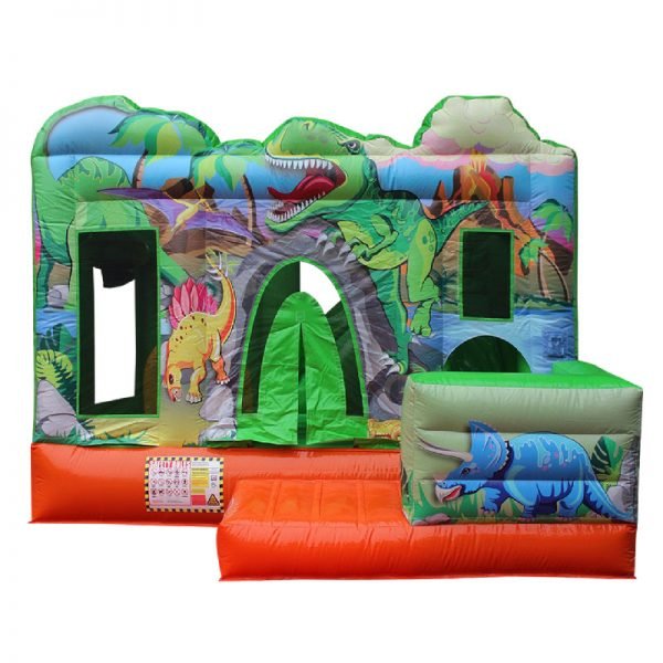 Front view of a Dino themed inflatable featuring dinosaurs like Tyrannosaurus, Brachiosaurus, Triceratops and Stegosaurus.