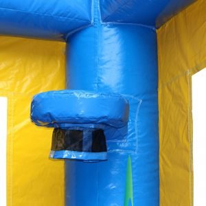Blue bouncy castle basketball hoop with a black netting.