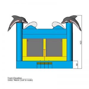 Dolphin Bounce House front elevation dimensions. Total height is 423 cm.