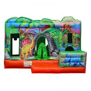Front view of a green and orange Dino themed inflatable.