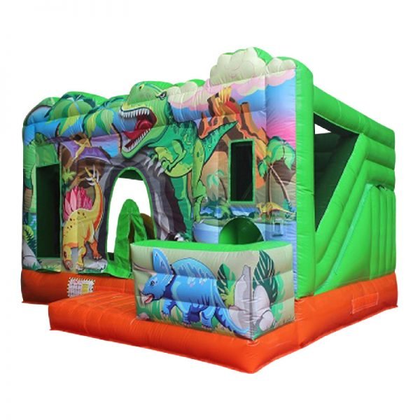 Perspective view of a green and orange Dino themed inflatable.