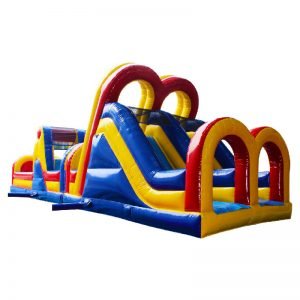 Yellow, blue and red Inflatable Obstacle Course in perspective view.