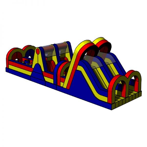 Yellow, blue and red Inflatable Obstacle Course in perspective view.