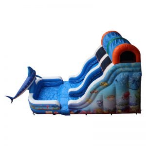 Birds eye view of an inflatable water slide with a pool.