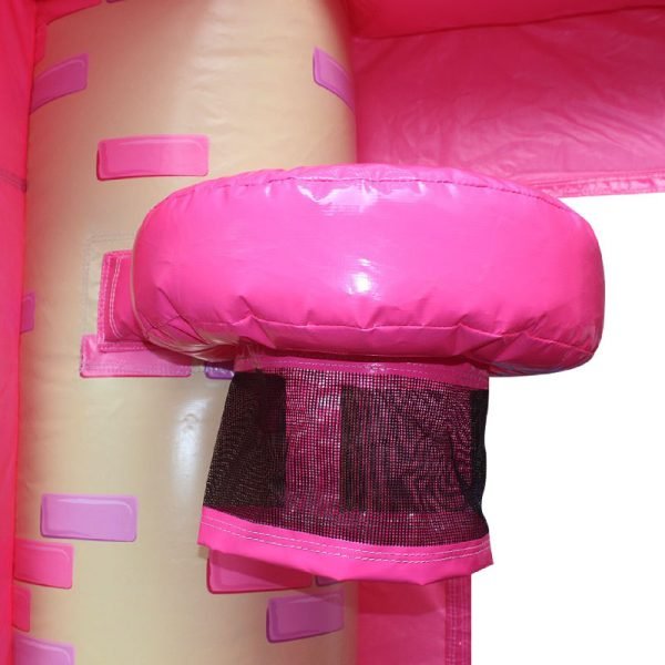 Bouncy castle basketball hoop with a black netting on the corner column of a pink bouncy castle.