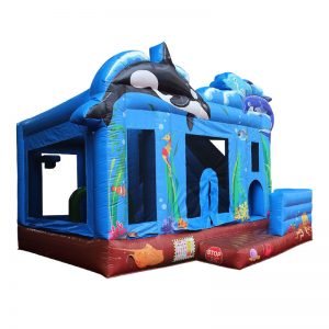 Perspective view of a blue inflatable bouncy castle.