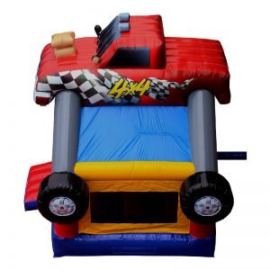 Monster Truck bounce house birds eye view. Blue red and yellow inflatable with a monster truck 3D design mounted on top.