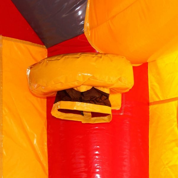 Yellow bouncy castle basketball hoop with a black netting on the red column.