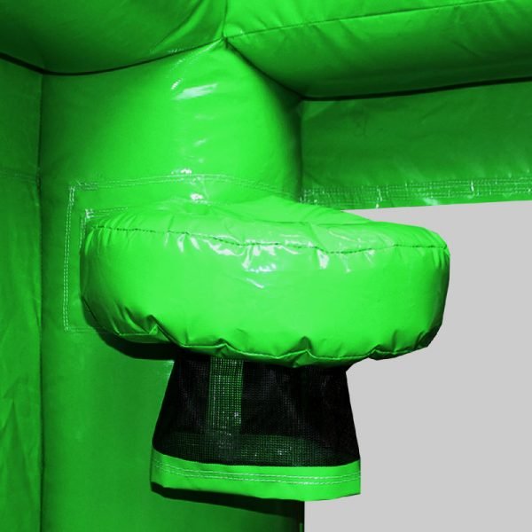Bouncy castle basketball hoop with a black netting on the corner column of a green bouncy castle.
