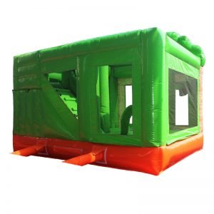 Rear view of a green and orange inflatable.