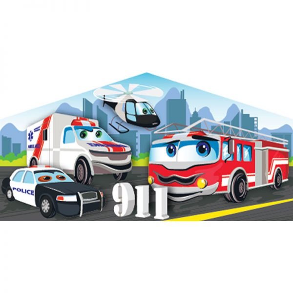 First responders 911 art panel featuring a fire truck, an ambulance a helicopter and a police car.