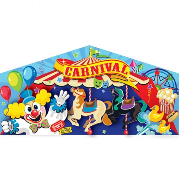 Carnival themed art panel featuring a clown, merry go round and fair concessions.