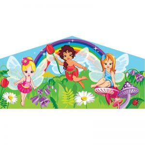Fairy themed art panel with tree fairies and a rainbow behind them.
