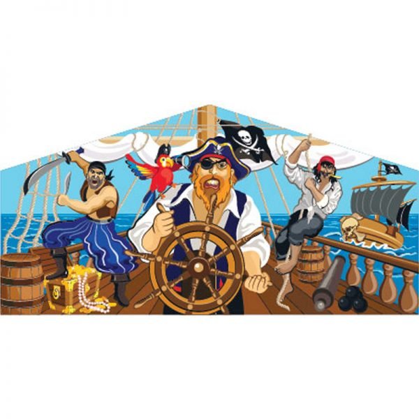Pirates themed art panel featuring a group of pirates and their captain on the ship deck with pirates flag waving above them.