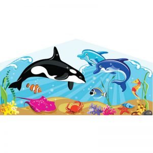Sea themed art panel featuring an orca whale, two dolphins and other sea creatures.