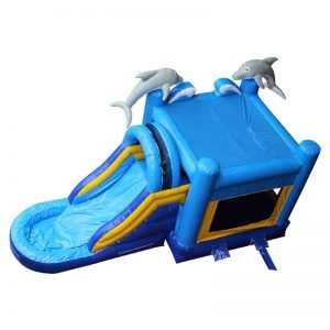 Birds eye view of a blue and yellow Dolphin water slide with grey 3D dolphins mounted on the front columns of the inflatable.